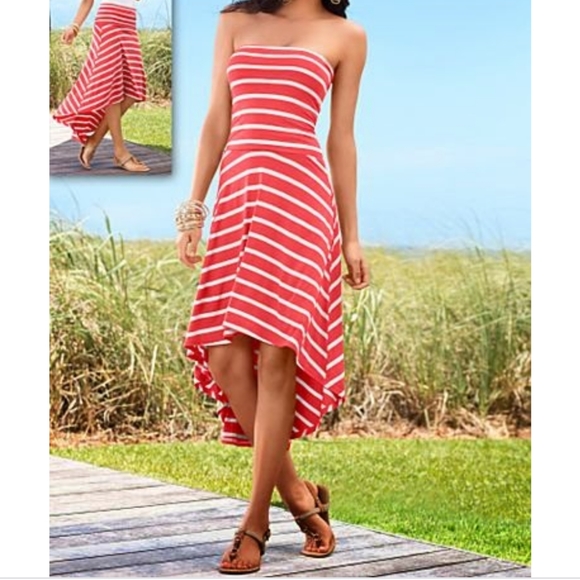 bebe Dresses & Skirts - Bebe Strapless stripe high-low dress XXS